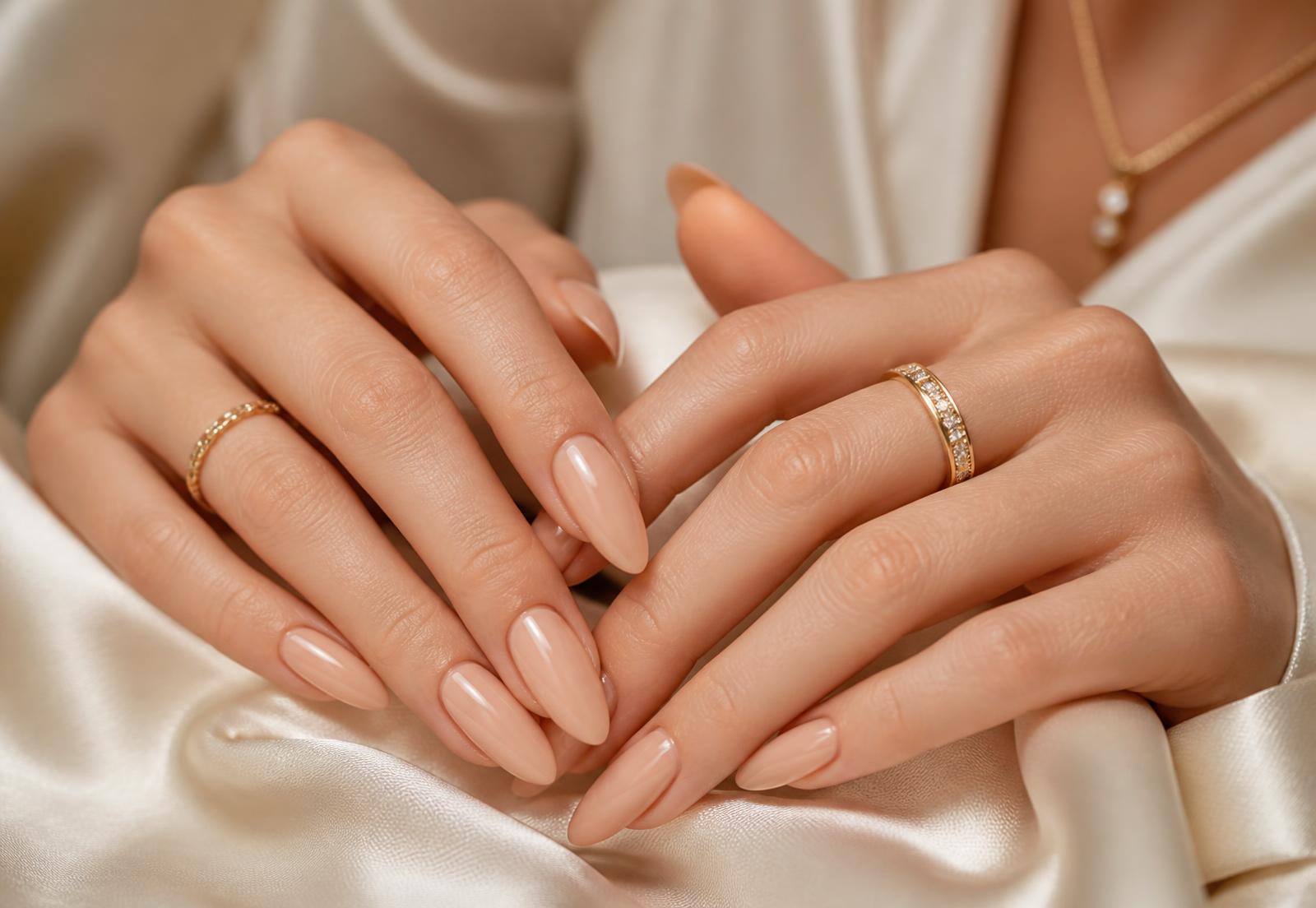 Hands with a glossy nude almond gel manicure resting on cream silk